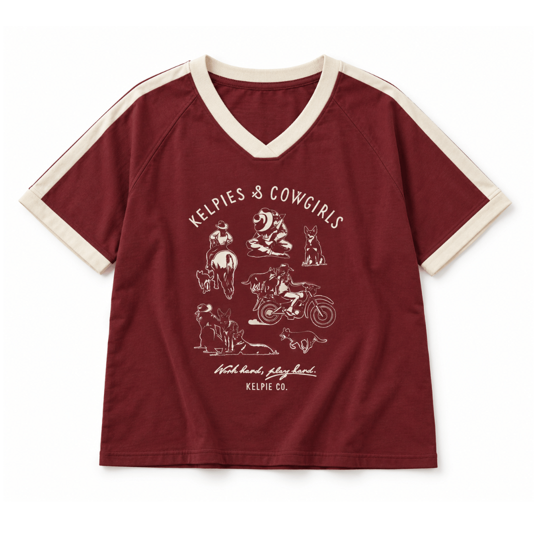 Kelpies & Cowgirls Burgundy Jersey Tee
