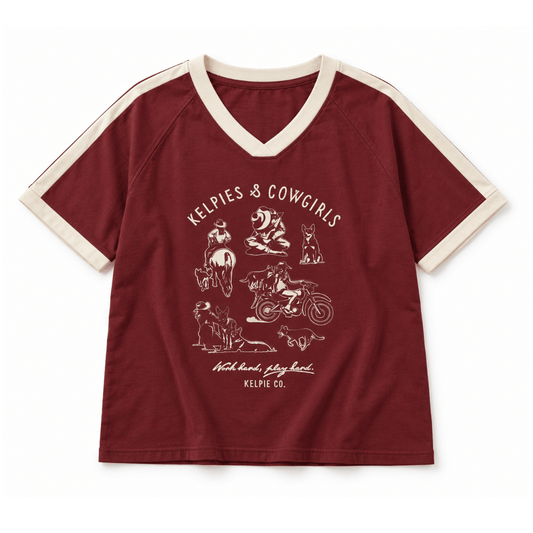 Kelpies & Cowgirls Burgundy Jersey Tee