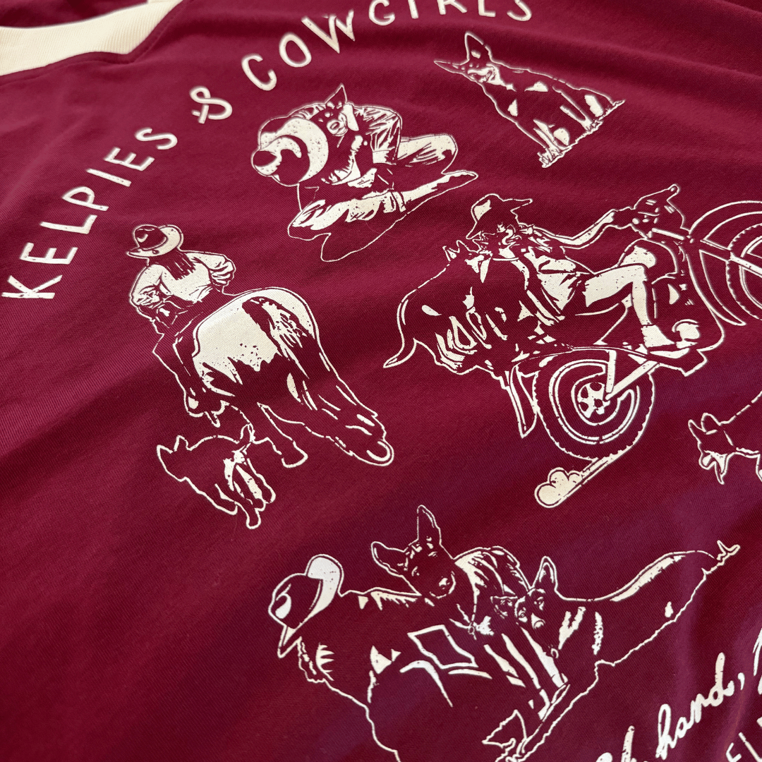 Kelpies & Cowgirls Burgundy Jersey Tee